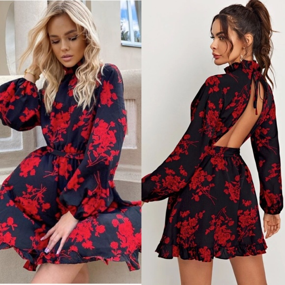 Rouge! Dresses & Skirts - Red on Black Floral Mini Dress High Neck Long Sleeve Backless